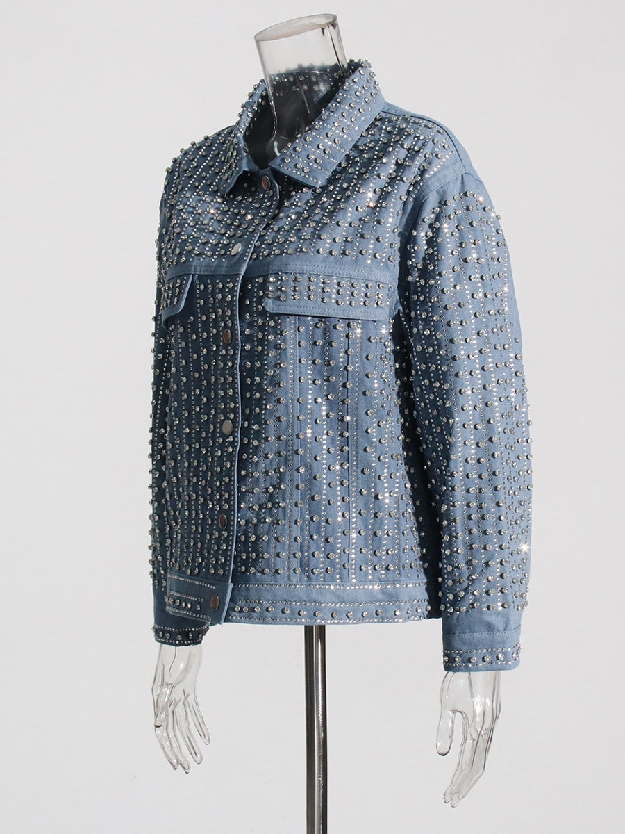 Buy Omoone Women's Long Sleeve Rivet Studded Denim Jacket Casual Washed  Pearl Short Jean Coat, Khaki, Small at Amazon.in