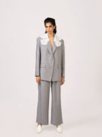 Rise Front Embroidery Grey Pant Suit