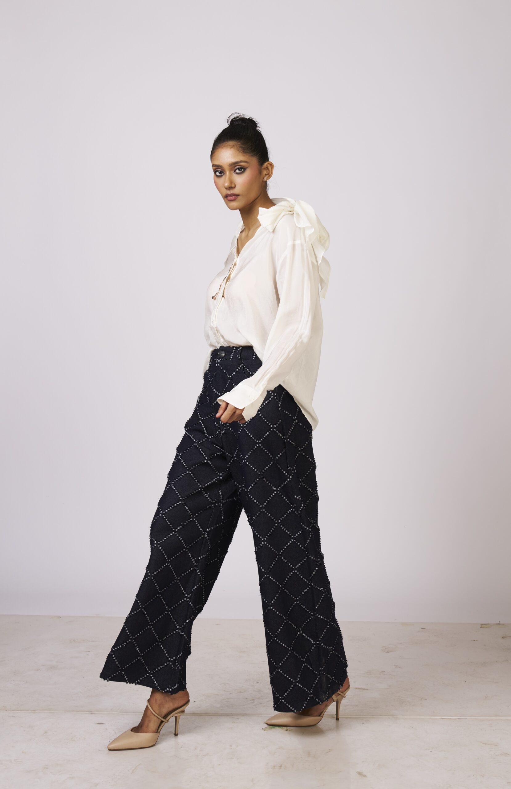 Jacquen Check Textured Denim Pants - Image 3