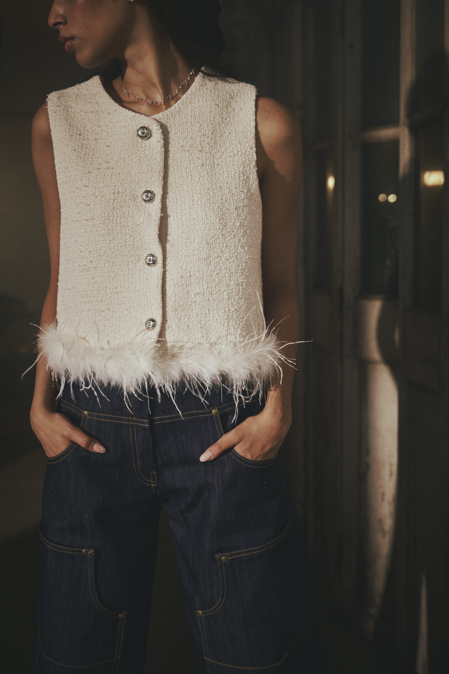 Saiga Tweed White Feather Top - Image 3