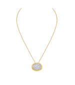 Gold Rimmed Pave Diamond Oval Pendant On Fine Chain